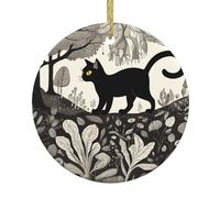 WZYWHJ Pendentif rond de Noël en céramique - 7,4 cm - Décoration d'arbre à suspendre pour fête de vacances - Chat noir dans un motif de forêt étrange