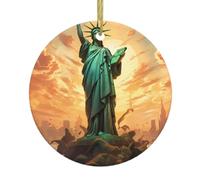 WZYWHJ Pendentif rond de Noël en céramique - 7,4 cm - Décoration d'arbre à suspendre pour fête de vacances - Statue de la Liberté imprimée