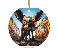 WZYWHJ Pendentif rond de Noël en céramique - 7,4 cm Décoration d'arbre à suspendre pour fête de vacances Art Doodle Dog imprimé