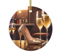 WZYWHJ Pendentif rond de Noël en céramique - 7,4 cm - Décoration d'arbre à suspendre pour fête de vacances - Champagne - Motif talons hauts