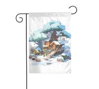 Wzywhj Photo de maison enneigée à côté du sapin Drapeau de jardin d'été double face Décoration cour 30,5 x 45,7 cm
