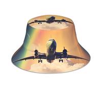 WZYWHJ Plane Under The Rainbow Printed Reversible Bucket Hat - pour homme et femme Protection Couvre-chef pour les voyages et les activités de plein air
