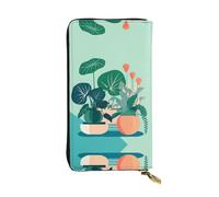 WZYWHJ Portefeuille d'intérieur élégant en cuir imprimé plantes vertes en pot - Longue pochette pour femme, matériau durable, 12 emplacements pour cartes, compartiments zippés, noir, taille unique,
