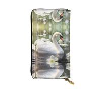 WZYWHJ Portefeuille élégant en cuir à motif cygne blanc - Longue pochette pour femme, matériau durable, 12 emplacements pour cartes, compartiments zippés, noir, taille unique