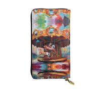 WZYWHJ Portefeuille élégant en cuir imprimé carrousel coloré - Longue pochette pour femme, matériau durable, 12 emplacements pour cartes, compartiments à fermeture éclair