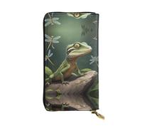 WZYWHJ Portefeuille élégant en cuir imprimé lézard attrapant des libellules - Longue pochette pour femme, matériau durable, 12 emplacements pour cartes, compartiments à fermeture éclair