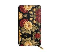 WZYWHJ Portefeuille élégant en cuir imprimé marguerites rouges et jaunes - Longue pochette pour femme, matériau durable, 12 emplacements pour cartes, compartiments zippés, noir, taille unique, Noir ,