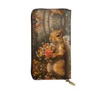 WZYWHJ Portefeuille élégant en cuir imprimé petit écureuil tenant des fleurs - Longue pochette pour femme, matériau durable, 12 emplacements pour cartes, compartiments à fermeture éclair