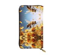 WZYWHJ Portefeuille élégant en cuir motif abeilles volantes marguerites miel - Longue pochette pour femme, matériau durable, 12 emplacements pour cartes, compartiments à fermeture éclair