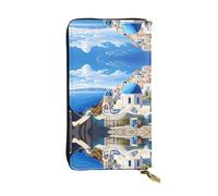 Wzywhj Portefeuille en cuir pour femme avec plusieurs compartiments et fermeture éclair Motif Santorin île grecque vue sur la mer, Noir , Taille unique