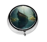 WZYWHJ Shipwreck at The Bottom of The Lake Boîte à médicaments circulaire imprimée, portable, avec compartiments, mini distributeur de pilules