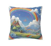 WZYWHJ Taies d'oreiller carrées décoratives 45,7 x 45,7 cm, motif village sous l'arc-en-ciel imprimé double face pour maison, lit, canapé, salon, ferme, extérieur