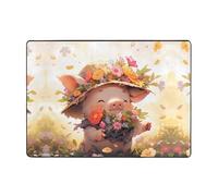 WZYWHJ Tapis de sol antidérapant pour salon, chambre d'enfant, tapis de jeu, 203,2 x 147,3 cm, imprimé petit cochon cueillant des fleurs