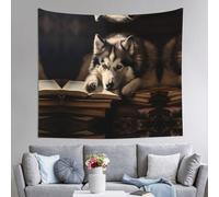 WZYWHJ Tapisserie décorative d'intérieur Husky on the book 152,4 x 129,5 cm : douce, de qualité et légère, convient pour les tapisseries murales