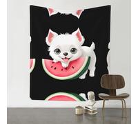 WZYWHJ Tapisserie décorative imprimée pastèque petit chien blanc 152,4 x 129,5 cm Convient pour décoration murale, dortoir