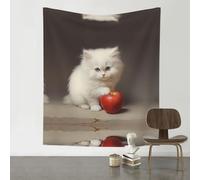 WZYWHJ Tapisserie décorative imprimée petit chat blanc mangeant une pomme 152,4 x 129,5 cm Convient pour décoration murale, dortoir