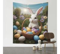 WZYWHJ Tapisserie décorative imprimée petit lapin blanc et œufs de Pâques 152,4 x 129,5 cm Convient pour décoration murale, dortoir