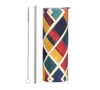 WZYWHJ Tasse en acier inoxydable de 591 ml pour café, bureau, voiture, sport et utilisation à la maison avec paille, lot de 2 pièces, image de grille de couleur rétro