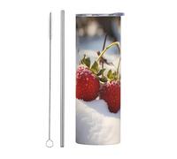 WZYWHJ Tasse en acier inoxydable de 591 ml - Tasse écologique de qualité avec couvercle hermétique et paille à effet isolant - Lot de 2 petites fraises sur la neige imprimées