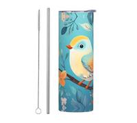 WZYWHJ Tasse en acier inoxydable de 591 ml - Tasse écologique de qualité avec couvercle hermétique et paille à effet isolant - Ensemble de deux pièces imprimé oiseau sur une branche