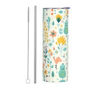 WZYWHJ Tasse en acier inoxydable de 591 ml - Tasse écologique de qualité avec couvercle hermétique et paille à effet isolant, ensemble de deux pièces imprimé oiseaux et plantes