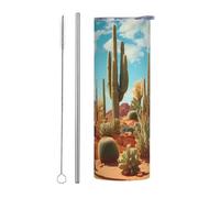 WZYWHJ Tasse en acier inoxydable de 591 ml - Tasse écologique de qualité avec couvercle hermétique et paille à effet isolant, ensemble de deux pièces imprimé le territoire du cactus