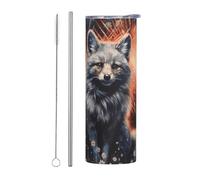 WZYWHJ Tasse en acier inoxydable de 591 ml - Tasse écologique de qualité avec couvercle hermétique et paille à effet isolant - Ensemble de deux pièces avec renard argenté sous un feu d'artifice
