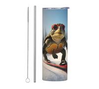 WZYWHJ Tasse en acier inoxydable de 591 ml - Tasse écologique de qualité avec couvercle hermétique et paille à effet isolant - Ensemble de 2 pièces avec motif petite tortue de ski