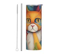 WZYWHJ Tasse en acier inoxydable de 591 ml - Tasse écologique de qualité avec couvercle hermétique et paille à effet isolant - Ensemble de deux pièces - Tableau mural de chat aquarelle