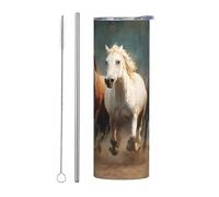 WZYWHJ Tasse en acier inoxydable de 591 ml - Tasse écologique de qualité avec couvercle hermétique et paille à effet isolant, lot de deux pièces, trois chevaux au galop imprimés
