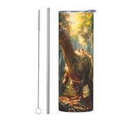 WZYWHJ Tasse en acier inoxydable de 591 ml - Tasse écologique de qualité avec couvercle hermétique et paille à effet isolant - Ensemble de deux pièces Tyrannosaure Rex dans la forêt imprimé