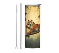 WZYWHJ Tasse en acier inoxydable de 591 ml - Tasse écologique de qualité avec couvercle hermétique et paille à effet isolant - Lot de 2 pièces Motif petit tigre sur la balançoire