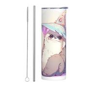 WZYWHJ Tasse en acier inoxydable de 591 ml - Tasse écologique de qualité avec couvercle hermétique et paille à effet isolant - Ensemble de deux pièces avec motif paresseux portant un chapeau imprimé