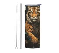 WZYWHJ Tasse en acier inoxydable de 591 ml - Tasse écologique de qualité avec couvercle hermétique et paille à effet isolant - Ensemble de deux pièces imprimé tigre derrière l'arbre