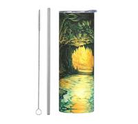 WZYWHJ Tasse en acier inoxydable de 591 ml - Tasse écologique de qualité avec couvercle hermétique et paille à effet isolant - Ensemble de deux pièces avec image de grotte magique