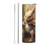 WZYWHJ Tasse en acier inoxydable de 591 ml - Tasse écologique de qualité avec couvercle hermétique et paille à effet isolant - Ensemble de deux pièces avec motif lapin jouant du violon