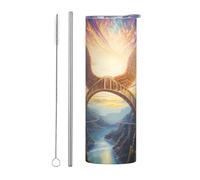 WZYWHJ Tasse en acier inoxydable de 591 ml - Tasse écologique de qualité avec couvercle hermétique et paille à effet isolant, ensemble de deux pièces avec ailes sur le pont arc-en-ciel imprimé