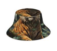 WZYWHJ Tiger Behind The Tree Printed Reversible Bucket Hat for Men and Women Protection Headwear for Travel and Outdoor Activities Black