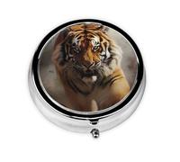 WZYWHJ Tiger Running Prints Boîte à médicaments circulaire de voyage, portable avec compartiments, mini distributeur de pilules