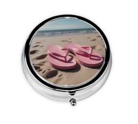 WZYWHJ Tongs roses sur la plage - Boîte à médicaments circulaire imprimée - Portable - Avec compartiments - Mini distributeur de pilules