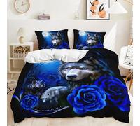 Wzzfcai Housse de Couette Bleu Enfant Loup Parure de Lit 1 Personne Microfibre, Imprimé Attrape-RêVes 3 PièCes, Literie Set avec 2 Taie d'oreiller (Loup B,240x220cm+65x65cm*2)