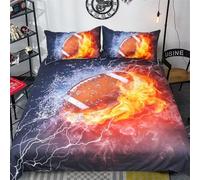 Wzzfcai Housse de Couette Rugby 1 Personne Parure de Lit Eau Feu 3D Rugby Cadeau Microfibre Housse de Couette pour Enfant Garçon avec 2 Taies d'Oreillers (Noir,240x220cm+65x65cm*2)