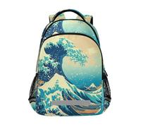 Wzzzsun Grande Vague Bleue Mer De Kanagawa Sac à Dos Cartable Fille Garcon Enfant Réfléchissante, Sac école Ordinateur Portable de Voyage pour Femme Homme