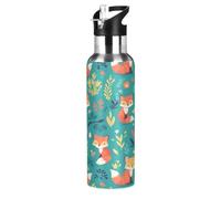 Wzzzsun Joli Renard des Forêts À Pois Isotherme Bouteille d'eau avec Paille, Gourde Sport en Acier Inoxydable 600ML Gourdes sans BPA pour Enfant Garçon Fille École Bureau