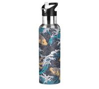Wzzzsun Poisson Koi du Japon Sakura Isotherme Bouteille d'eau avec Paille, Gourde Sport en Acier Inoxydable 600ML Gourdes sans BPA pour Enfant Garçon Fille École Bureau