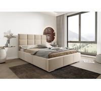 X-Group4th Seelloo MIA Lit capitonné moderne 200 x 200 cm avec tiroir de lit et cadre en métal solide, grand espace de rangement, tête de lit 103 cm de haut, housse en tissu Velluto beige, dimensions