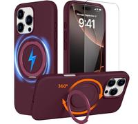 X-level Coque Compatible aveciPhone 16 Pro Max, pour MagSafe Silicone Case et Verres Trempés Antidérapant 360°Anneau de Rotation Magnétique Étui de Protection pour iPhone 16 Pro Max- Vin Rouge