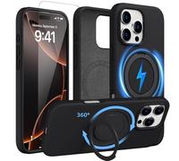 X-level Coque pour iPhone 16 Pro Max, Compatible avec MagSafe Silicone Case et Verres Trempés Antidérapant 360°Anneau de Rotation Magnétique Étui de Protection - Noir