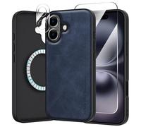 X-level Cuir Coque pour iPhone 16 avec Verrre Trempé + Protections Cameras avec Magsafe,Premium PU Cuir,Etui Protection Fine Ultra-Mince Antichoc Coque Compatible avec iPhone 16 Case - Bleu