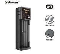 X Power Chargeur Accu 18650 21700 Chargeur 1 Slot avec LED et cable USB-C grande compatibilité, housse de rangement